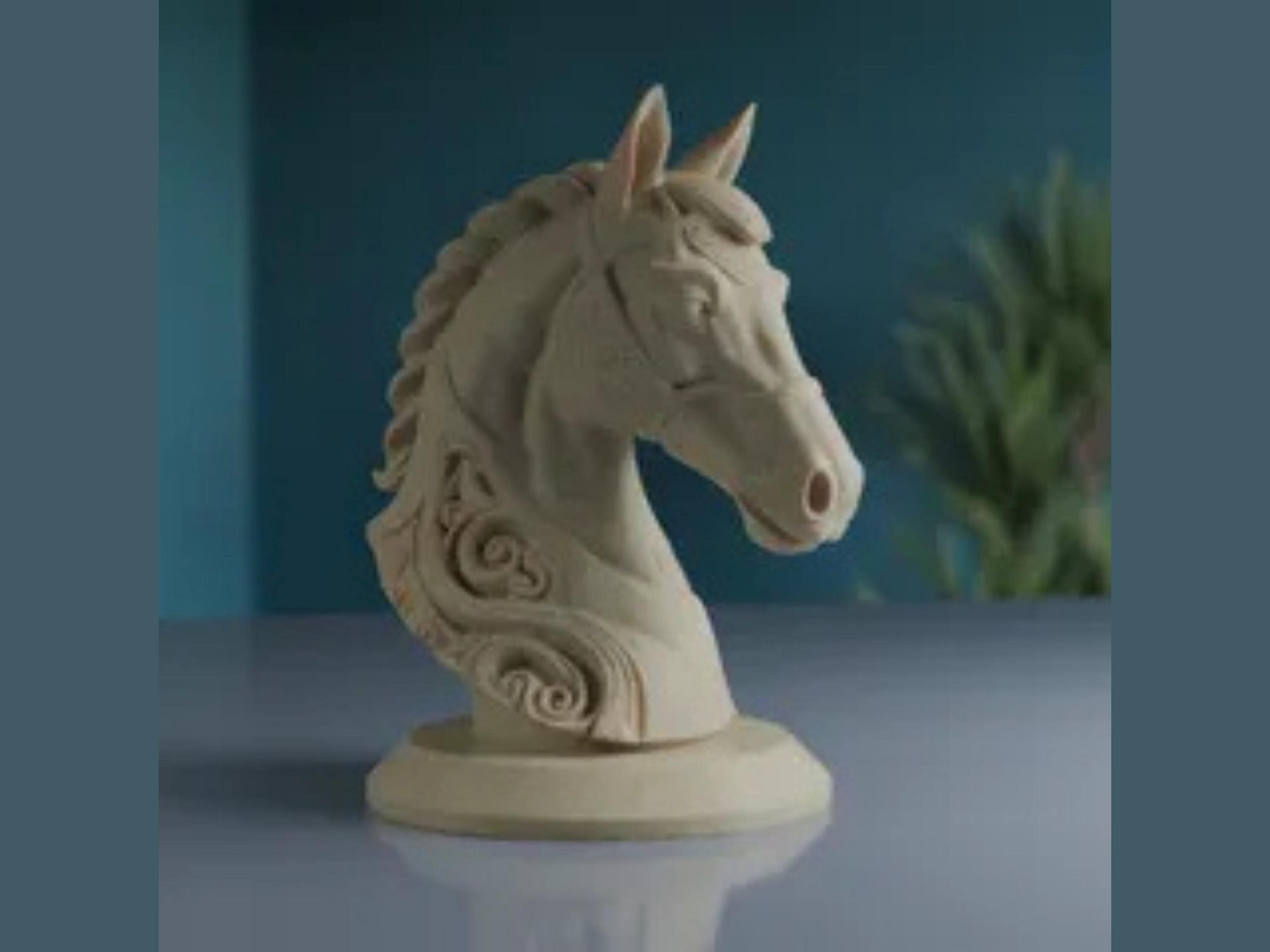 Elegant Horse Head Sculpture – 3D Printed Figurine with Spiral Mane – Equestrian Home & Office Decor