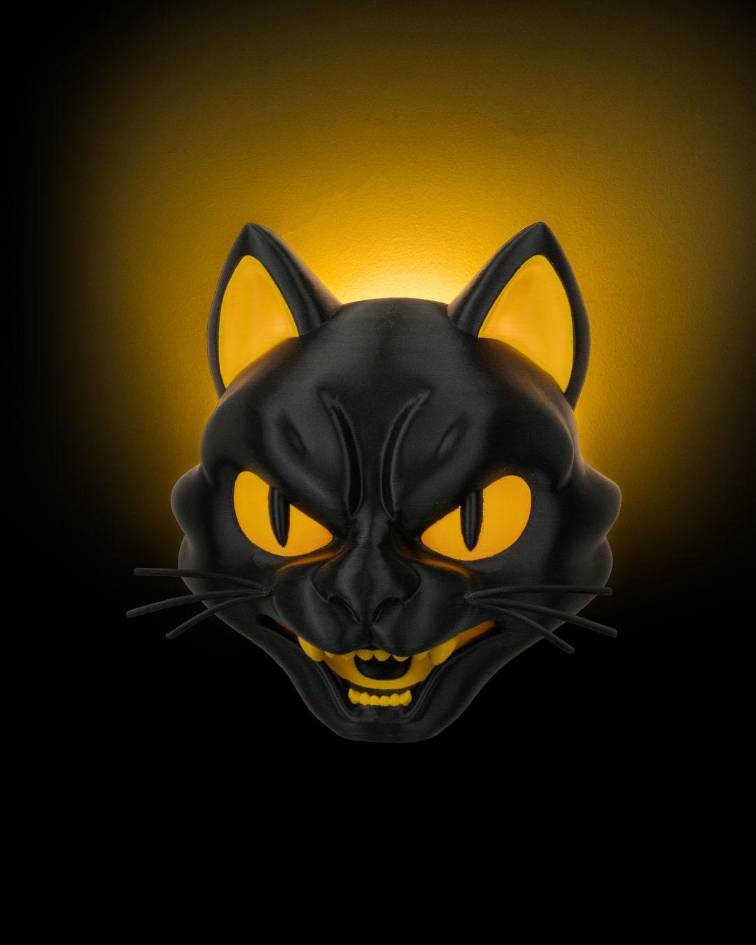 3D Printed Cat Wall Lamp: Fierce Yellow Eyes, Handmade Home Decor