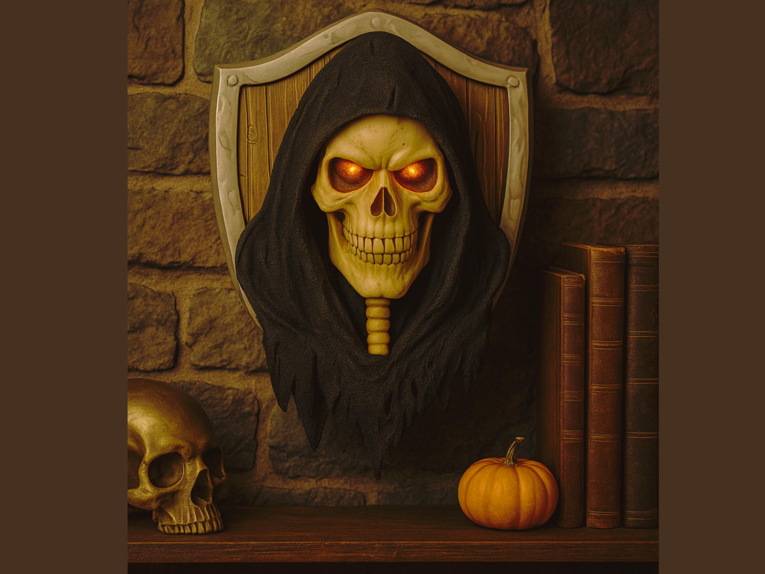 Grim Reaper Skull Wall Mount: Gothic Halloween Decor - 3D Printed Art