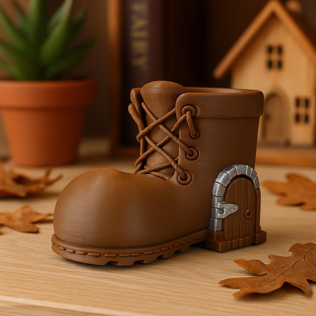 3D Printed Fairy Boot House: Whimsical Bookshelf Decor