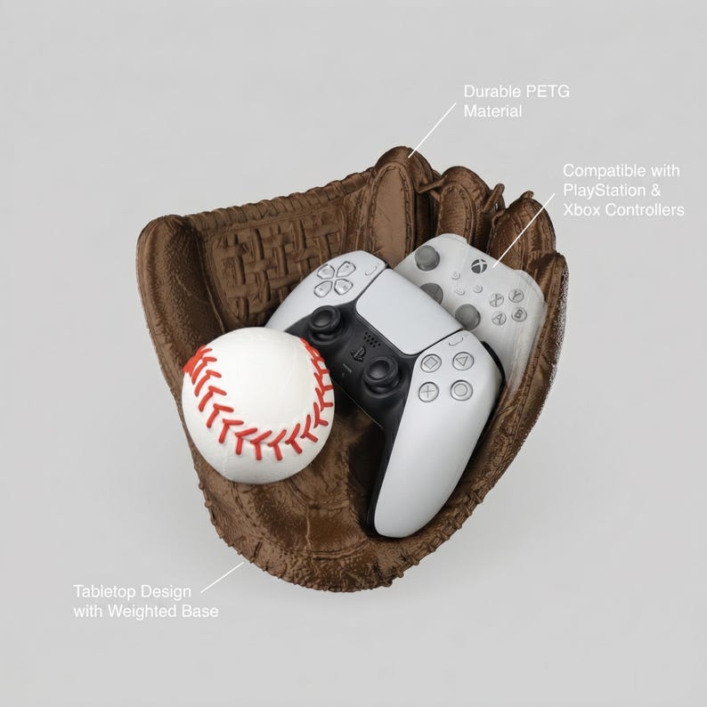 May include: A brown baseball glove-shaped holder with a white baseball and two white game controllers. The holder is made of durable PETG material and is compatible with PlayStation and Xbox controllers. It has a tabletop design with a weighted base.