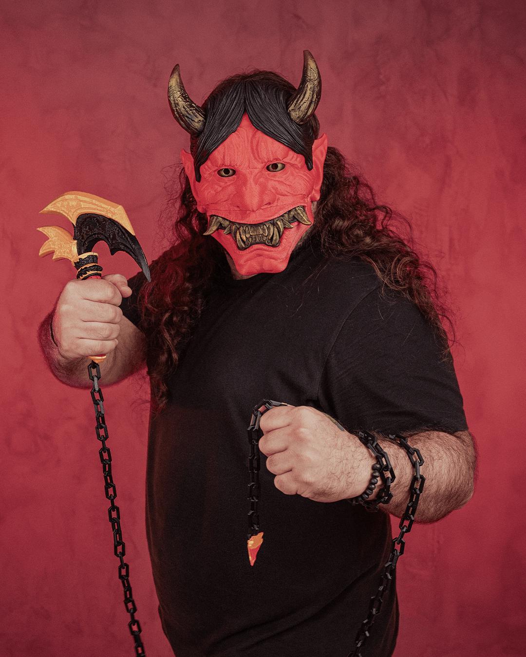 Hand-Painted Hannya Oni Mask & Kusarigama Scythe Set - 3D Printed Cosplay