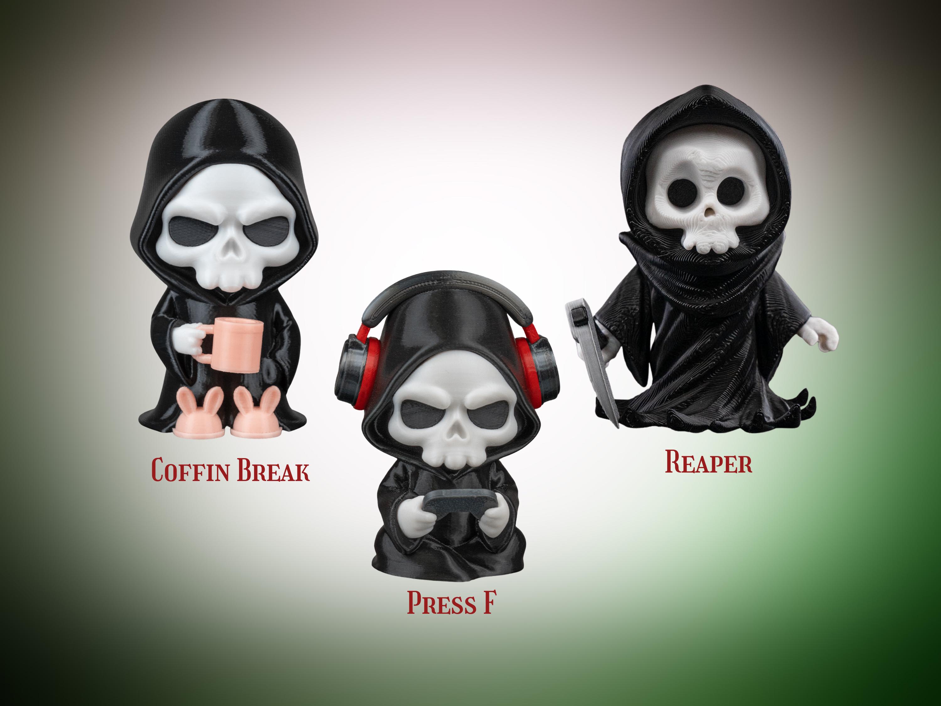 Spooky Cute Skull Keychains, Mini Reaper, Coffin Break & Press F Keychain, 3D Printed Skull Keychain, Funny Spooky Gift
