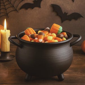 Puede incluir: Un caldero negro lleno de caramelos de maíz, con calabazas naranjas, una vela encendida y siluetas de murciélagos en el fondo. La escena evoca un tema de Halloween, sobre una mesa de madera rústica.