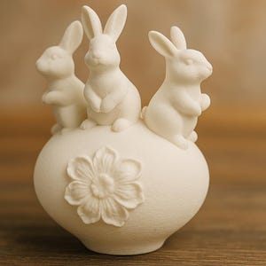 Easter Bunny Figurine – 3D Printed White Egg with Three Rabbits & Floral Detail – Spring Home Decor