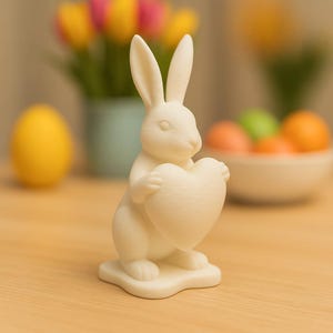 Figura de conejo de Pascua con corazón impresa en 3D: decoración minimalista de primavera