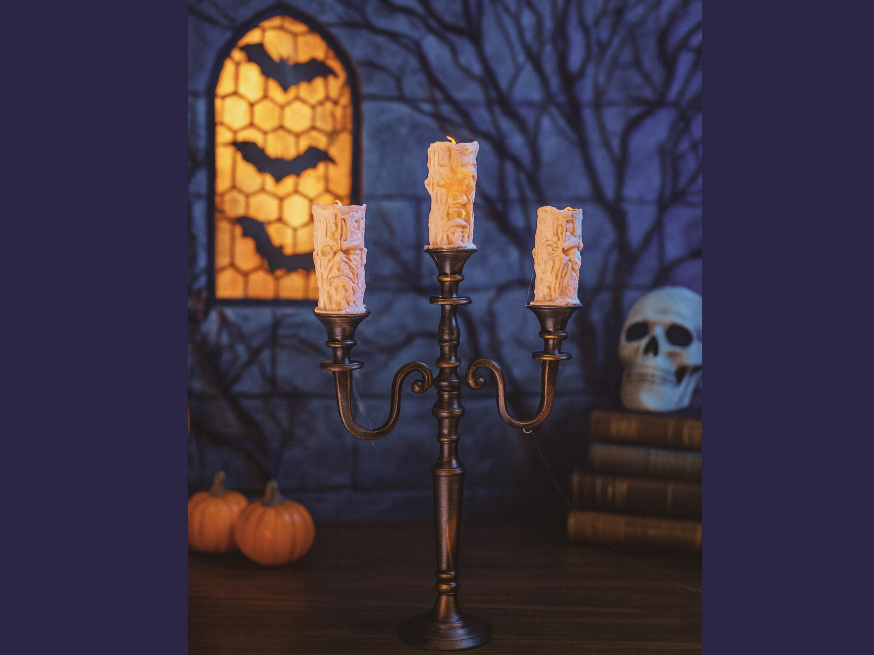 Gothic Horror Candelabra: 3-Arm Creepy Face LED Candle Holder