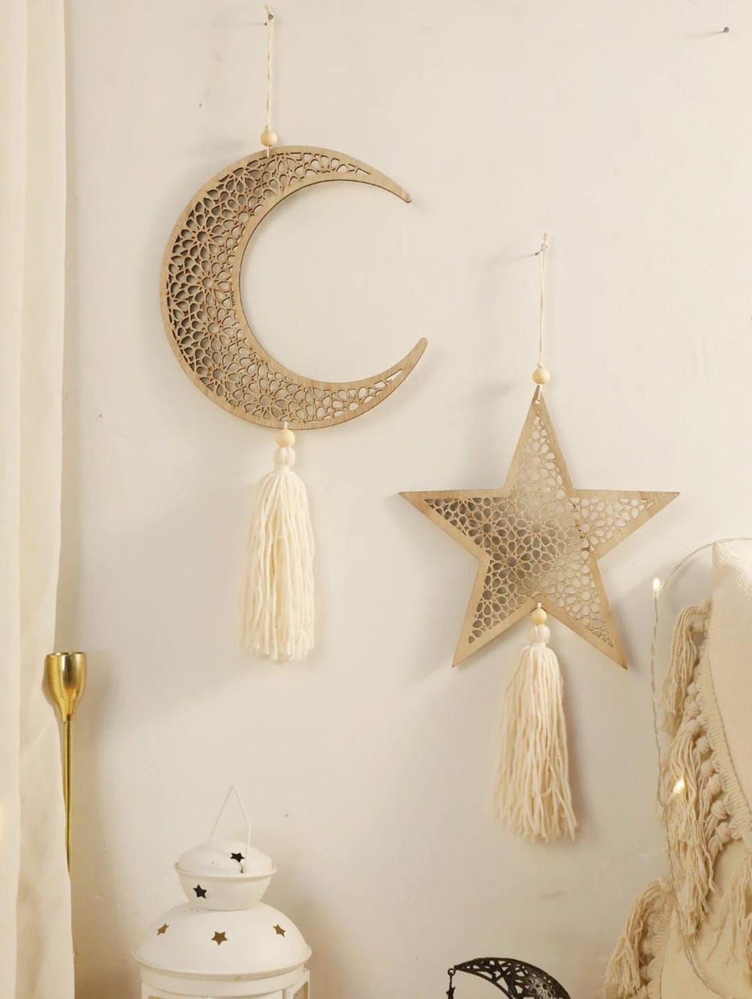 Boho Wooden Moon & Star Wall Hanging – Hollow Mesh Design With Tassel ...