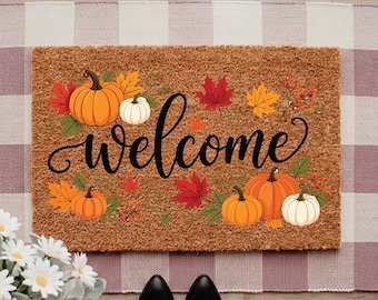 Pumpkin Welcome Fall Doormat, Autumn Leaves Front Door Mat, Harvest Season Porch Rug, Thanksgiving Entryway Decor, Cozy Farmhouse Fall Mat