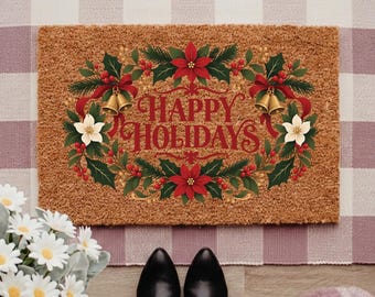 Happy Holidays Doormat with Poinsettia Wreath, Christmas Bells and Holly Welcome Mat, Traditional Festive Front Porch Entryway Decor