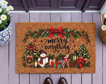Merry Everything Christmas Doormat, Snowman and Gifts Holiday Welcome Mat, Evergreen Garland Porch Decor, Rustic Winter Entryway Mat