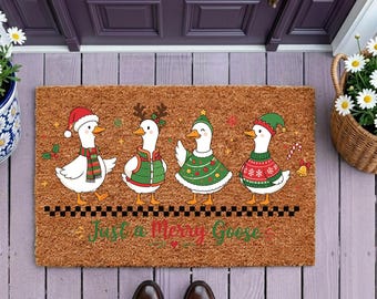 Funny Christmas Goose Doormat, Just a Merry Goose Holiday Welcome Mat, Festive Geese in Sweaters Porch Decor, Whimsical Xmas Door Gift