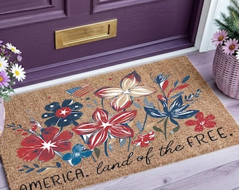 Patriotic Floral Doormat America Land Of The Free Welcome Mat, Fourth Of July Decor, Rustic Flower Doormat, Americana Entry Rug, Outdoor Mat