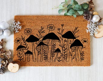 Mushroom Doormat | Cute Mushroom Welcome Mat | Cottagecore Entryway Rug | Whimsical Home Decor Gifts For New Home, Mushrooms Floral Doormats