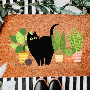 Black Cat Doormat Welcome Mat, Cute Cat Lover Door Mat With Cozy Plants Design, Funny Home Entry Rug For Indoor Outdoor Use And Cat Decor