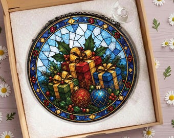 Christmas Presents Suncatcher, Stained Glass Style Holiday Window Hanging, Colorful Gift Boxes and Ornaments, Festive Winter Home Decor