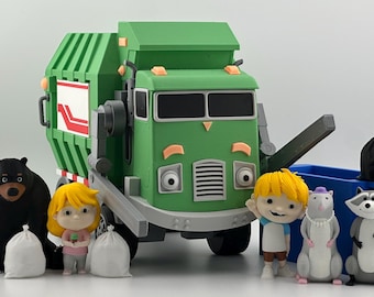 Handgemaakte speelgoedvuilniswagen met functionerende armen en wielen voor de afvalcontainer (inclusief afvalcontainer!).