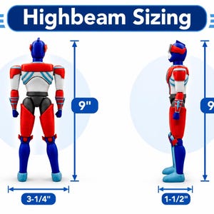 May include: A red, white, and blue action figure shown from the back and side, labeled Highbeam Sizing. The figure measures 9 inches tall, 3-1/4 inches wide at the back, and 1-1/2 inches deep at the side, with visible joints and armor details.