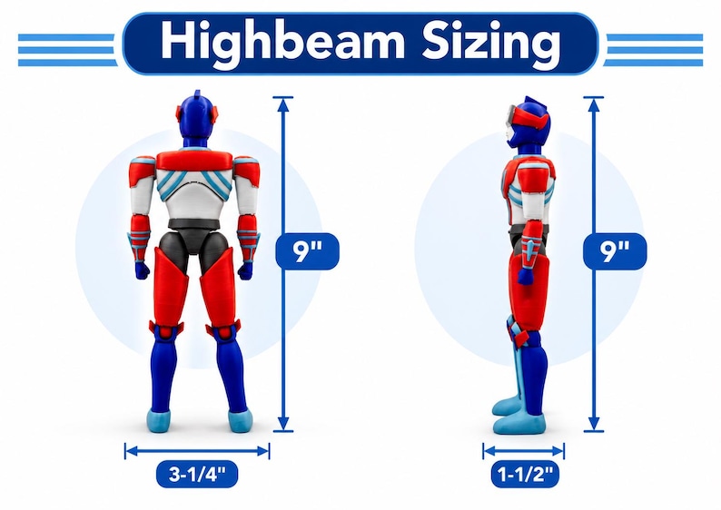 May include: A red, white, and blue action figure shown from the back and side, labeled Highbeam Sizing. The figure measures 9 inches tall, 3-1/4 inches wide at the back, and 1-1/2 inches deep at the side, with visible joints and armor details.