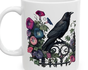 Gothic Crow Coffee Mug: Goth Raven Mug, Gothic Raven Bird Mug, Goth Garden Mug, Pretty  Garden and Bird Mug, Raven Gifts