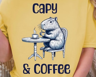 Capybara Shirt, Cute Cozy Capybara Coffee Lover Tee, Comfort Colors Graphic Tee, Funny Capy Coffee Shirt, Gift for Coffee Fans