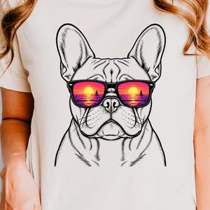 French Bulldog Shirt, Neon Sunglasses Dog Tee, Frenchie Ocean Reflection Glasses, Cool French Bulldog Gift, Dog Lover Apparel