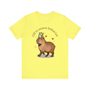 RBT Shirt, Off to Assess Behavior, Capybara Frog Graphic Tee for Registered Behavior Technician, Bella Canvas Unisex T-Shirt Yellow