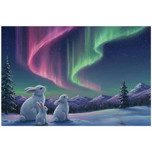 Aurora Borealis Gemälde Poster Wandkunst, weißer Hase Kunstdruck, Sternenhimmel Poster Malerei Wandkunst, Winter Kunstwerk, Nordlichter Kunst