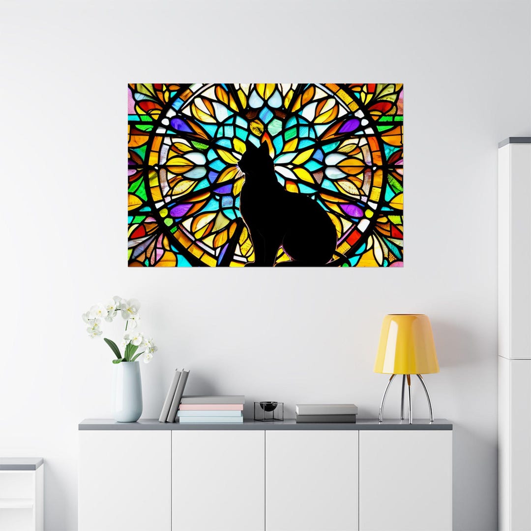 Stained Glass Black Cat Painting Poster Wall Art, Stained Glass Gothic ...