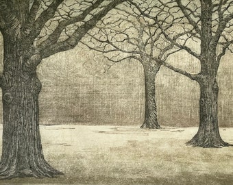 Holzschnitt – Three Sisters Limited Edition Landscape Fine Art Moku Hanga Tree Print