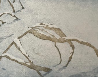Stampa xilografica di riduzione Snow n. 4, bozza d'artista originale, stampa artistica moku haga