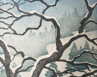 Árbol de grabado en madera n.° 41, edición limitada, impresión de paisaje de bellas artes moku haga impresa a mano.