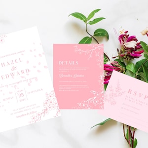 Simple Pink Wedding Invitation Template | Modern Wedding Invitation Suite | Canva Templates | Details and RSVP Card | Digital Download