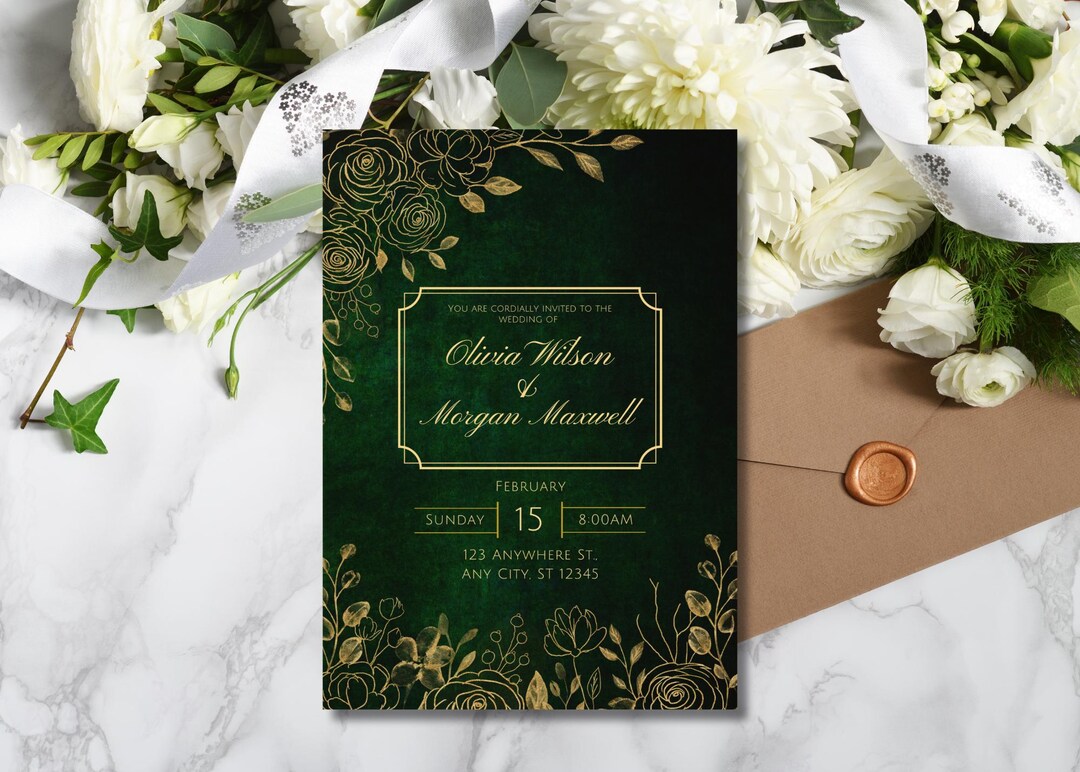 Emerald Green and Gold Wedding Invitation Card | Elegant Design ...
