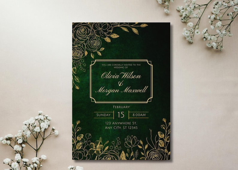 Emerald Green and Gold Wedding Invitation Card | Elegant Design ...