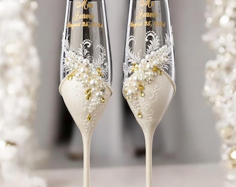 Personalized wedding champagne flutes and cake set, engraved knife and server, elegant unity candles, bridal table decor for reception