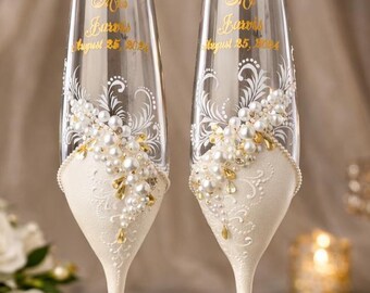 Custom Wedding Flutes and Engraved Cake Server for Bride and Groom