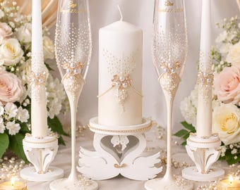 Ivory Wedding Set with Champagne Flutes and Candles, Pearl Ceremony Set for Newlyweds