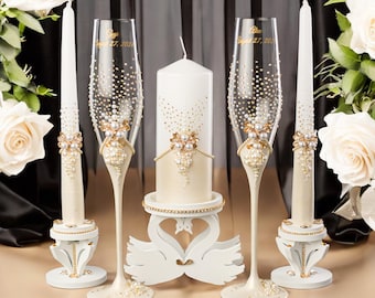 Ivory Wedding Ceremony Set, Bride and Groom Unity Candle and Personalized Toasting Flutes Set