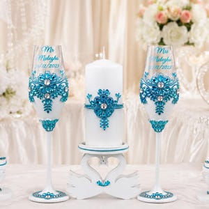 White Wedding Set with Sky Blue Crystals for Elegant Bride and Groom Celebration