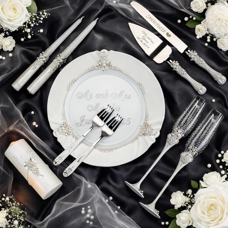 Custom Pearl Wedding Gift Set with Champagne Flutes, Cake Knife and Server, Bridal Toast Glasses for Bride and Groom set of 10 items