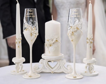 Wedding Glasses Set with Candles and Cake Server, Personalized Champagne Flutes, Elegant Bride Groom Wedding Accessories