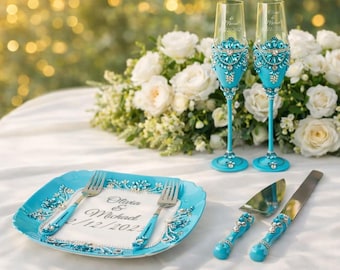 Wedding Table Set with Champagne Glasses and Cake Server, Blue Bridal Toast Flutes, Mr and Mrs Accessories, Elegant Bridal Gift