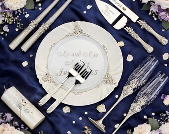 Custom Wedding Flutes and Cake Knife Server Set, Light Silver Toasting Glasses, Anniversary Gift for Couple