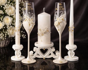 Wedding Champagne Glasses and Unity Candle Set, Bride and Groom Toasting Glasses, Wedding Candle Ceremony Set, Custom Bridal Gift