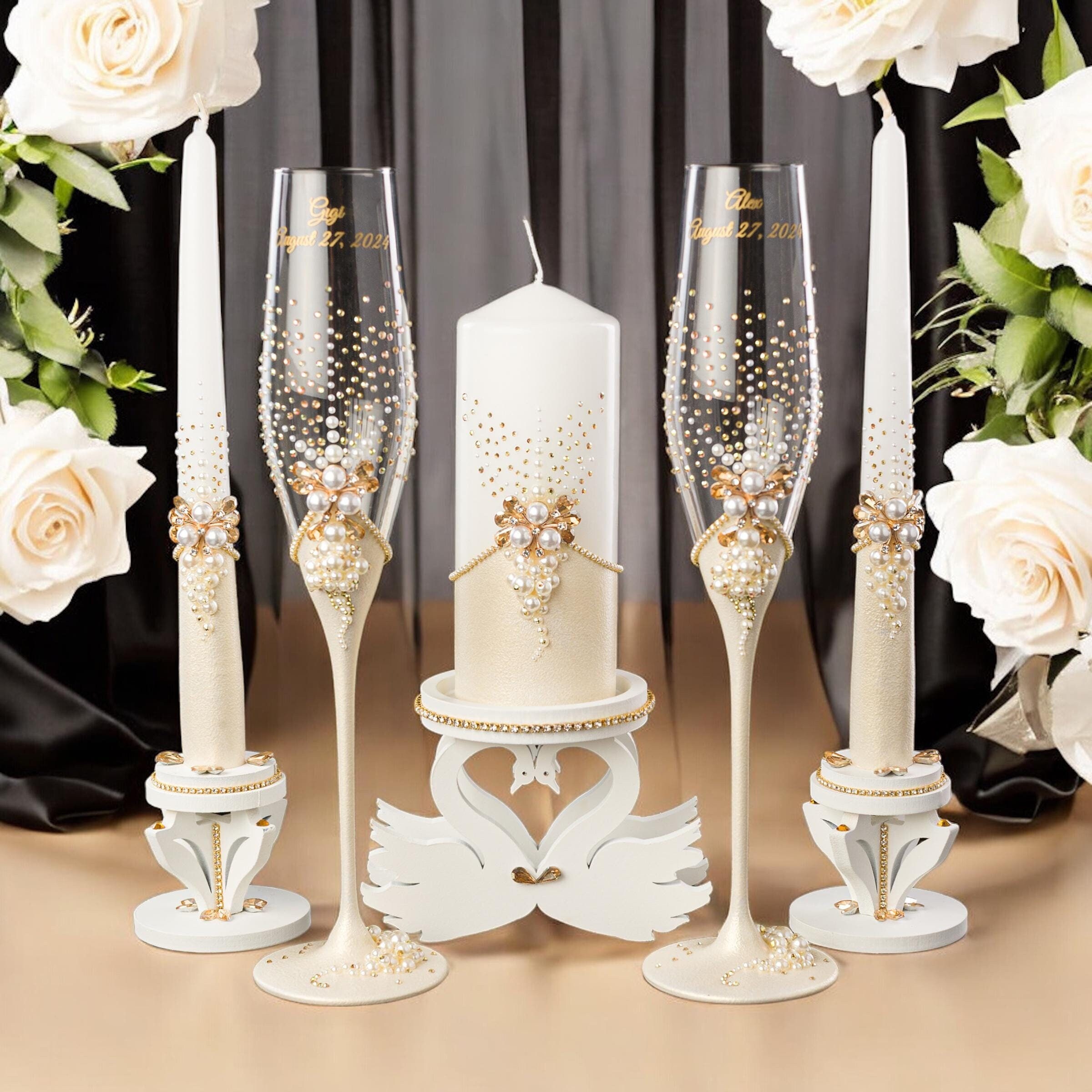 Personalized Wedding Table Set With Champagne Flutes, Candles, Cake ...