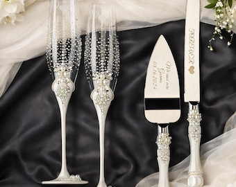 Bridal Champagne Flutes with Pearl Design, Wedding Knife and Server Set, Glasses Gift Box for Bride, Gift for Newlyweds