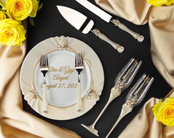 Ivory Wedding Champagne Flutes and Cake Server Set, Personalized Plate and Cutlery, Elegant Wedding Gift