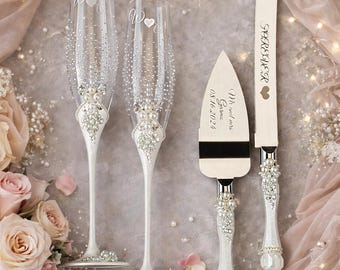 Pearl Bride Groom Glasses, Wedding Ceremony Toasting Flutes, Cake Server Knife Bridal Gift Set