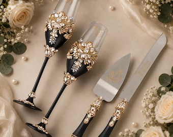 Wedding Toasting Set Black Gold, Champagne Glasses with Cake Knife Server and Plate Bridal Gift